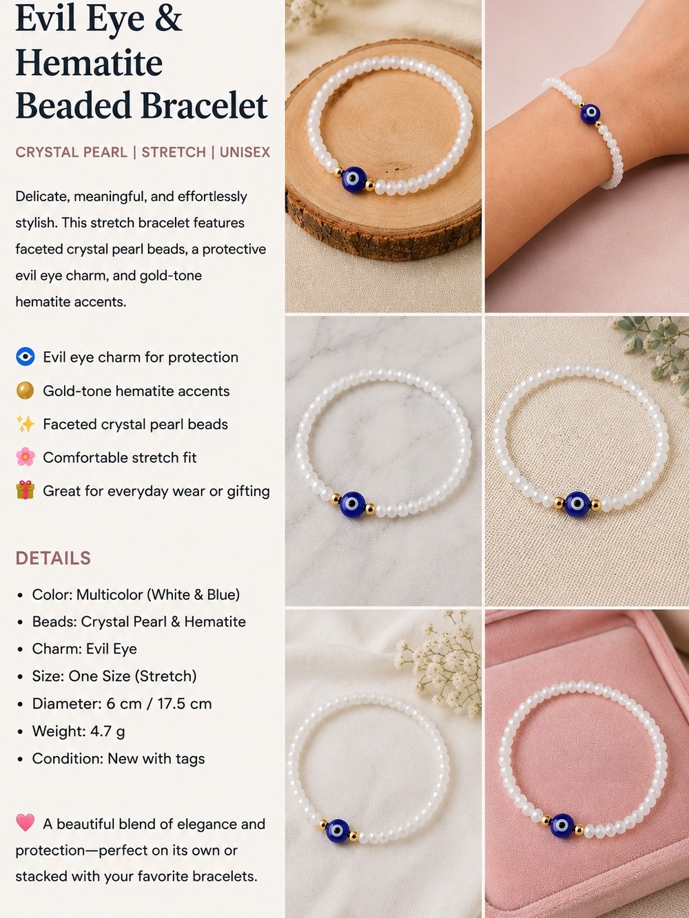 Evil Eye Crystal Pearl Stretch Bracelet — White & Blue